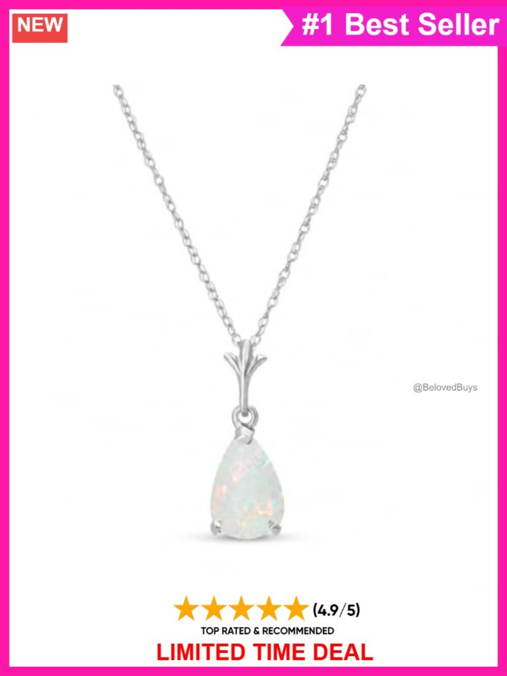 14K White Gold Natural Opal Drop Pendant Necklace 20 Inch Chain